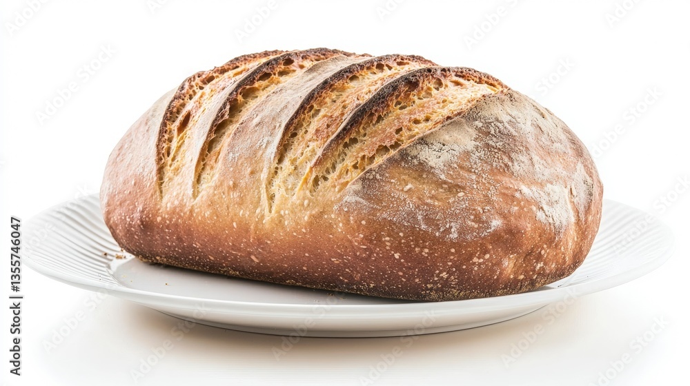 Crusty Artisan Bread Loaf on White Plate Bakery Food Photography Crusty Artisan Bread Loaf on White Plate Bakery Food Photography