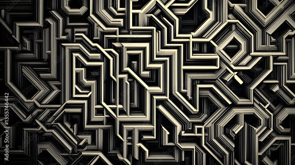 Abstract Geometric Pattern Background with Interconnected Metallic Lines and Dark Shadows Abstract Geometric Pattern Background with Interconnected Metallic Lines and Dark Shadows