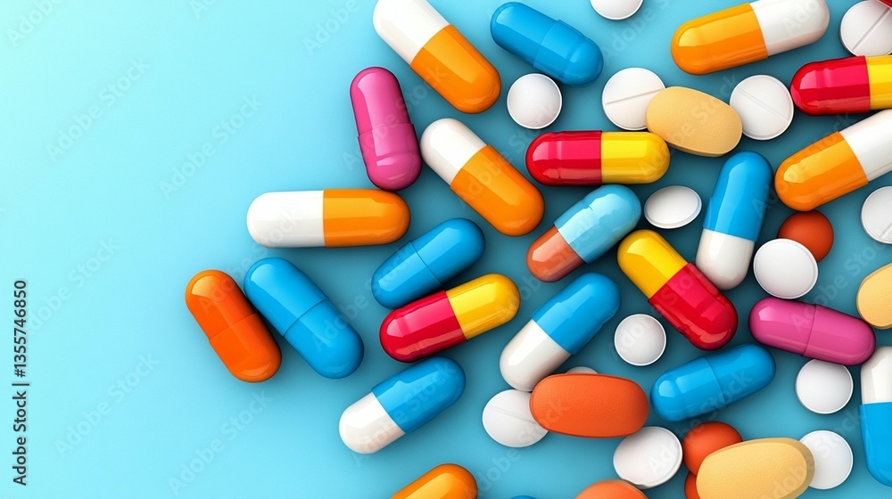 Colorful pills and capsules scattered on a light blue background. Colorful pills and capsules scattered on a light blue background.
