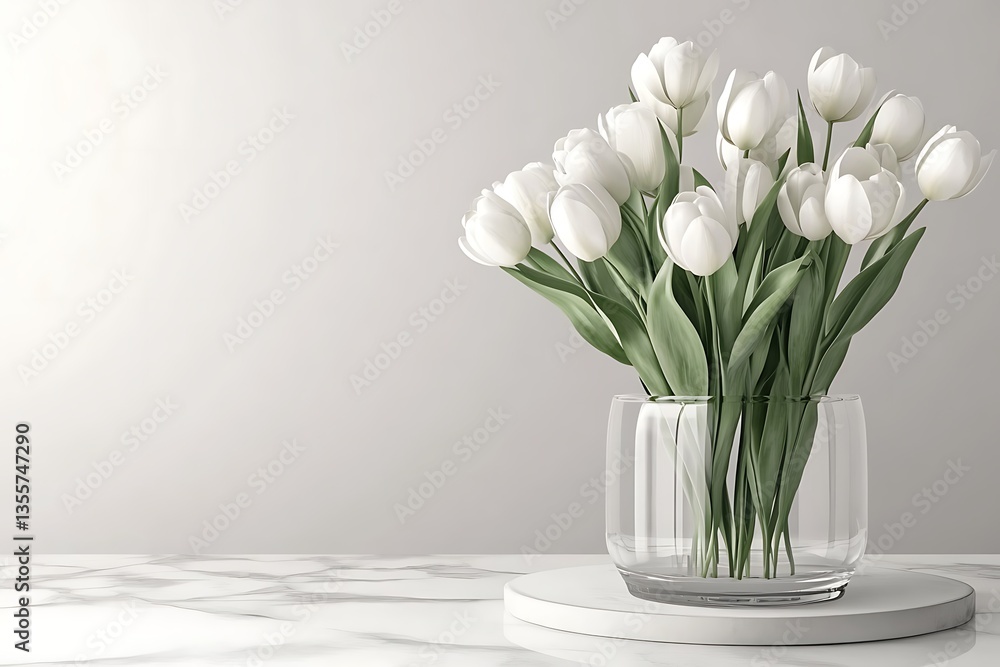 White tulips in a vase on a marble surface, neutral background, spring decor, floral art White tulips in a vase on a marble surface, neutral background, spring decor, floral art