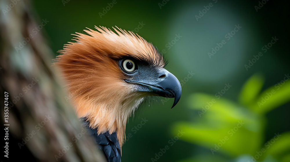 Fototapeta premium Closeup Profile of a Brown Eagle in Lush Green Forest