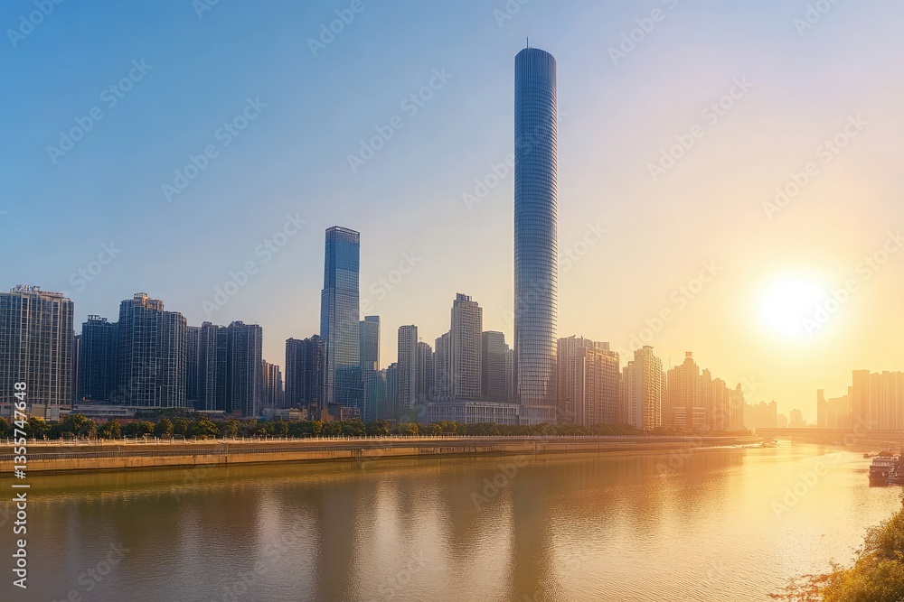 Fototapeta premium Modern City Skyline Reflecting on River at Sunset