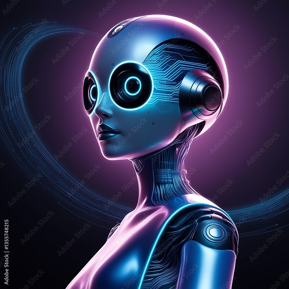 Cybernetic Being, A sleek, futuristic humanoid form is rendered with neon lights and intricate details, embodying a digital persona. Cybernetic Being, A sleek, futuristic humanoid form is rendered with neon lights and intricate details, embodying a digital persona.