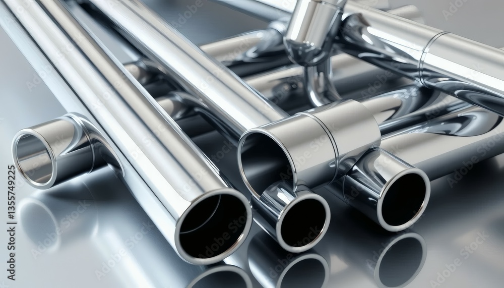 Fototapeta premium Shiny Metal Pipes and Fittings on Reflective Surface for Industrial Construction