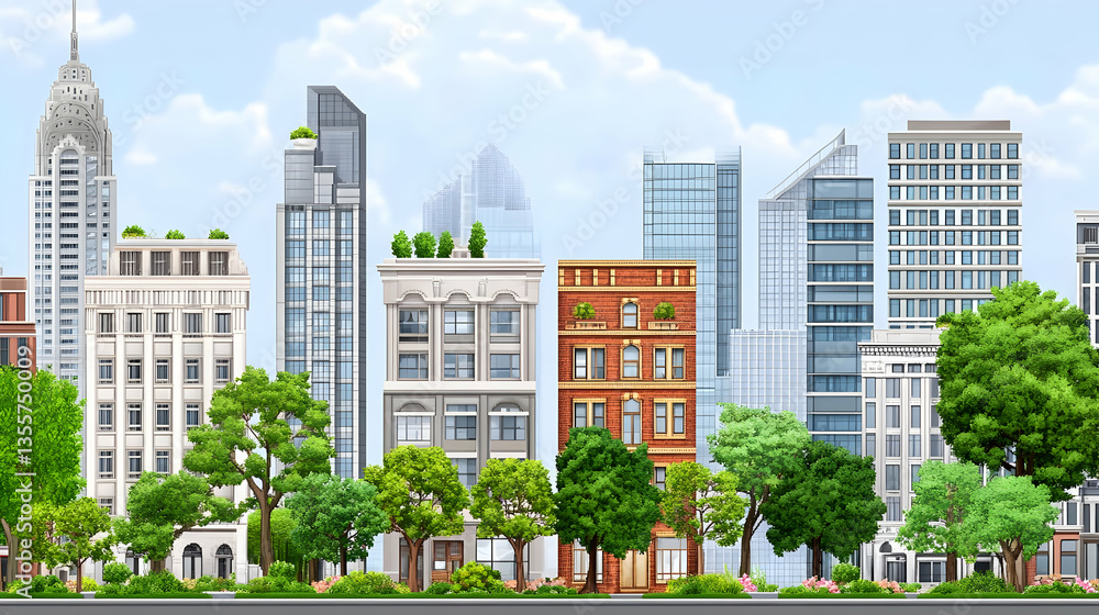 Fototapeta premium Cityscape Panorama With Trees And Buildings