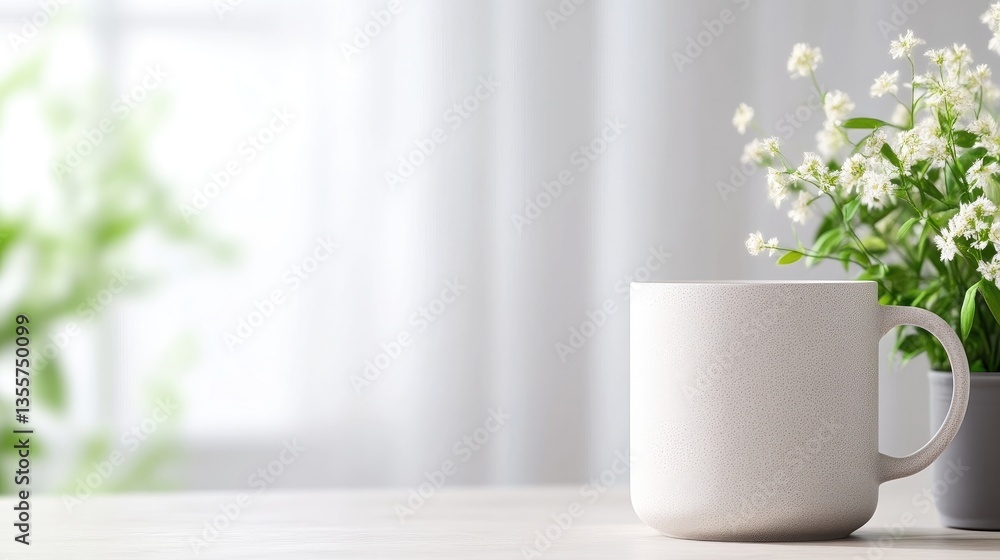 Fototapeta premium Simple, light, and peaceful morning scene with a coffee mug and small flowers