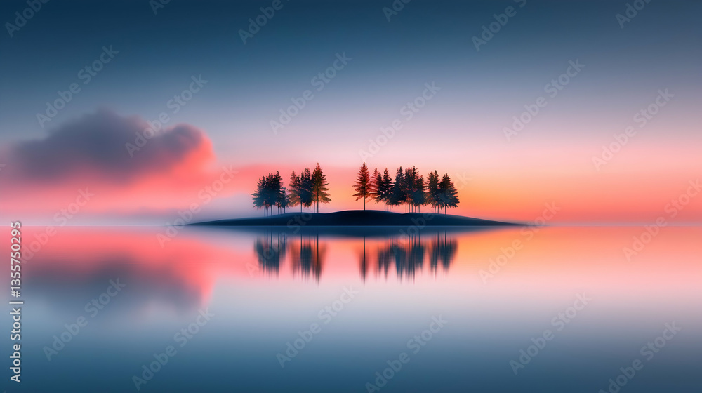Fototapeta premium Serene Sunset over Calm Water with Silhouetted Trees on Small Island