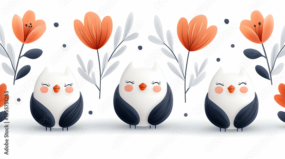 Obraz premium Cute White Owls Among Orange Flowers Seamless Pattern