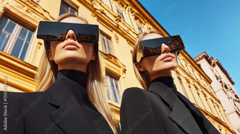 Fototapeta premium Stylish Women in Futuristic Sunglasses Milan Street Fashion
