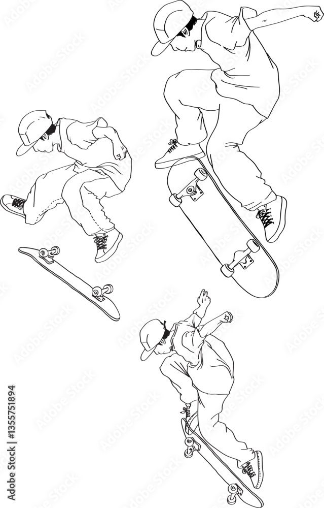 Skateboard Tricks. Vector illustration. Line art character. Skateboard Tricks. Vector illustration. Line art character.