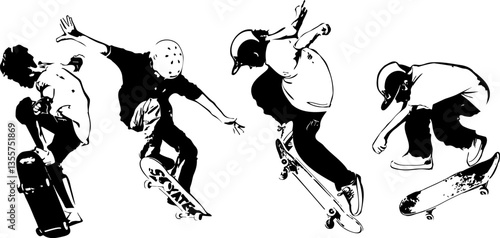 Skateboard Tricks. Vector illustration.Silhouette character.