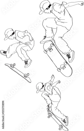 Skateboard Tricks. Vector illustration. Line art character.	