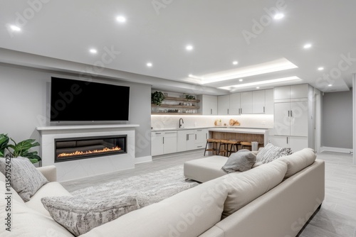 Modern basement recreation room with fireplace, TV, and wet bar