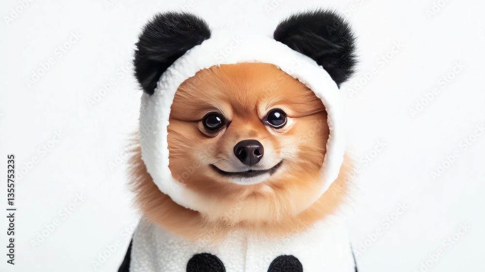 A fluffy Pomeranian dog dressed in a panda costume, exuding charm and cuteness on a clean white background, perfect for animal lovers A fluffy Pomeranian dog dressed in a panda costume, exuding charm and cuteness on a clean white background, perfect for animal lovers