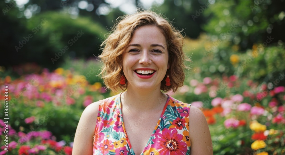 Smiling Woman in Floral Dress Posing in Garden Smiling Woman in Floral Dress Posing in Garden