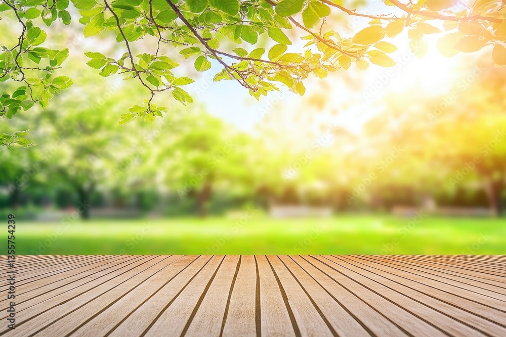 empty wooden table over blurred sunny garden background empty wooden table over blurred sunny garden background