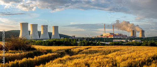 Nuclear power plant with golden field of Barley (Hordeum vulgare) in front of it. Nuclear power station. Cooling towers. Mochovce. Slovakia.
