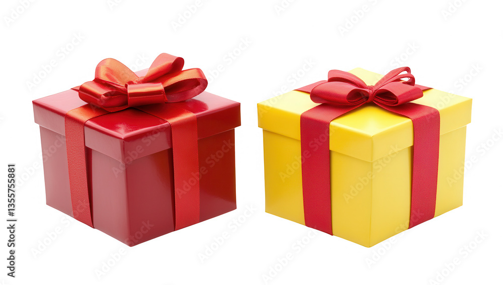 two beautifully wrapped gift boxes one red and one yellow both adorned with matching bows symbolizing celebration and joy two beautifully wrapped gift boxes one red and one yellow both adorned with matching bows symbolizing celebration and joy