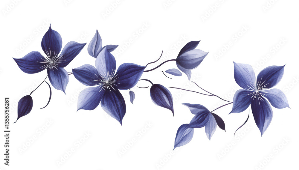 Obraz premium arrangement of blue and purple flowers with elegant petals and slender leaves creating a serene and artistic floral design