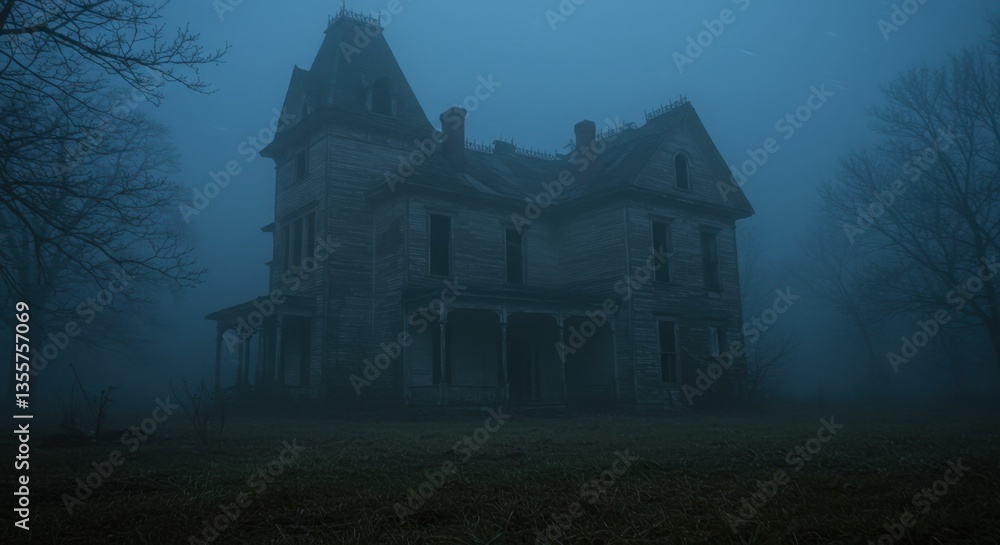 Spooky Abandoned House in Fog at Night Spooky Abandoned House in Fog at Night