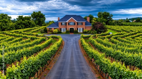 Luxurious Vineyard Estate Home  Dramatic Sky  Lush Vines
