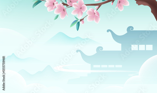 Chinese style horizontal plate illustration design peach blossom and Chinese architectural background