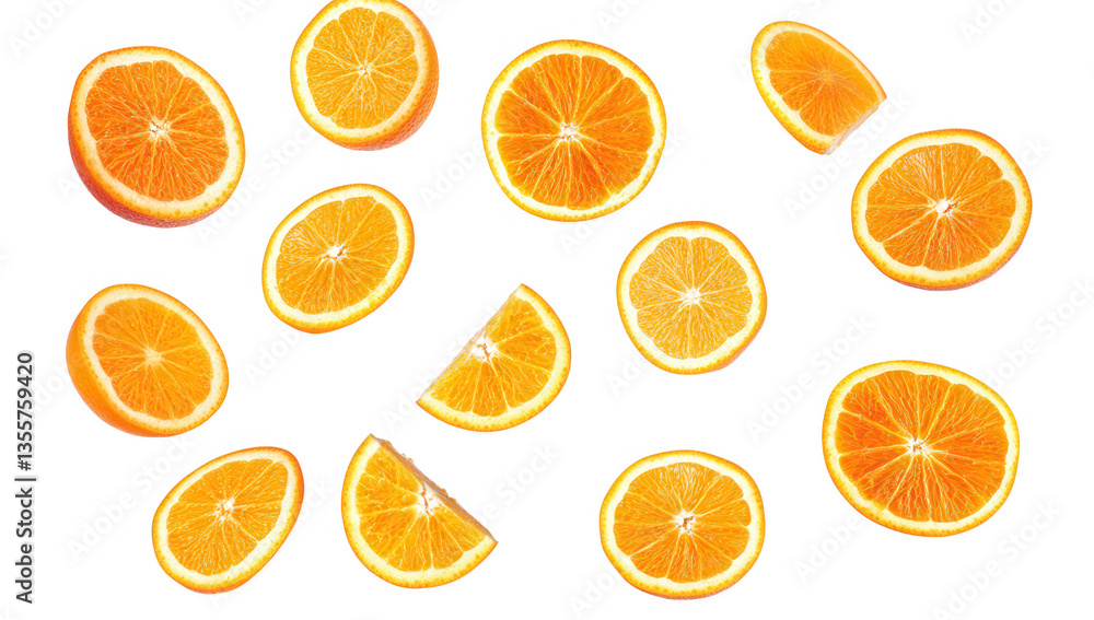 various slices of oranges arranged in a visually appealing manner against a white background highlighting their vibrant color and texture various slices of oranges arranged in a visually appealing manner against a white background highlighting their vibrant color and texture