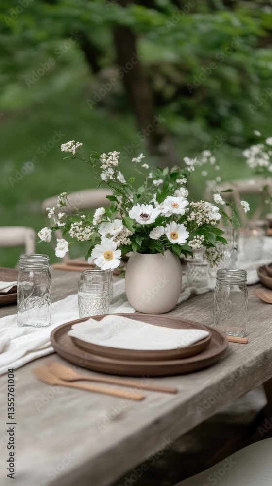 A charming outdoor dining arrangement features a rustic wooden table adorned with natural elements. Fresh white flowers in a simple vase create a serene atmosphere among glass jars and wooden plates A charming outdoor dining arrangement features a rustic wooden table adorned with natural elements. Fresh white flowers in a simple vase create a serene atmosphere among glass jars and wooden plates