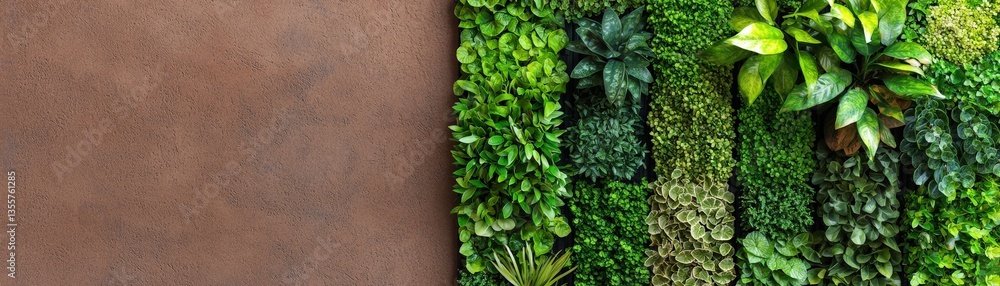 A vibrant green wall of assorted plants against a textured brown background, showcasing a variety of foliage and natural beauty. A vibrant green wall of assorted plants against a textured brown background, showcasing a variety of foliage and natural beauty.