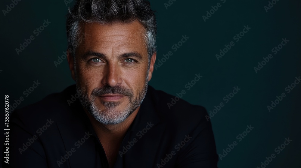 Portrait of a mature man with a confident smile. Dark, sophisticated attire and well-groomed graying hair Portrait of a mature man with a confident smile. Dark, sophisticated attire and well-groomed graying hair