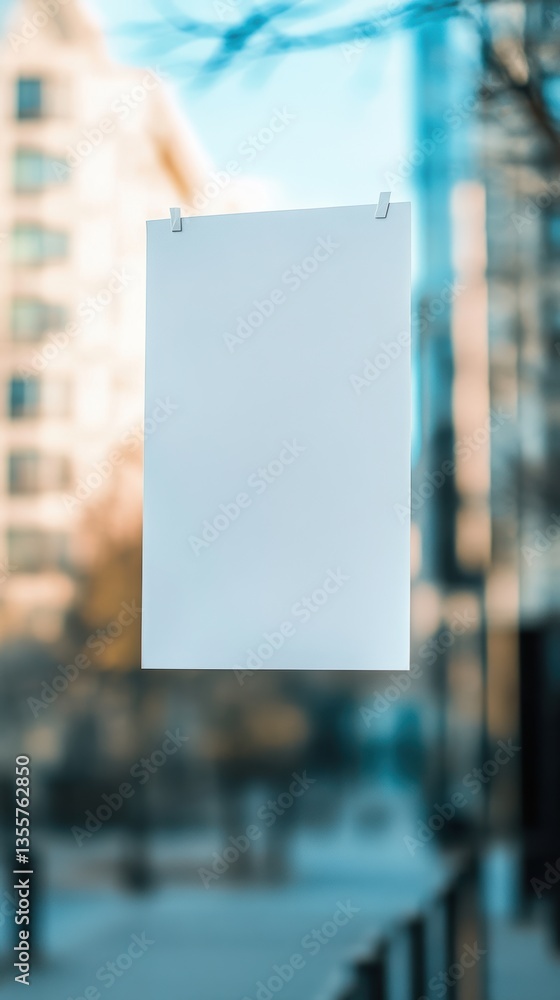 Blank White Sign Hanging on a Glass Window in a City Setting: A Mockup for Business Promotion and Advertising Blank White Sign Hanging on a Glass Window in a City Setting: A Mockup for Business Promotion and Advertising