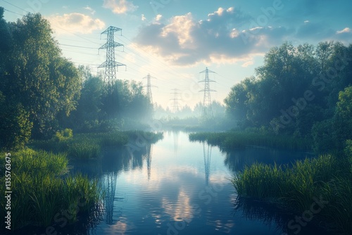 Power lines cross a scenic lake with lush vegetation