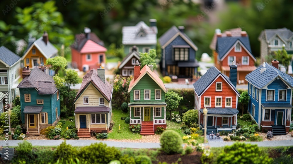 Fototapeta premium A vibrant neighborhood of miniature houses, each symbolizing community care, inclusivity, and housing equity, creating a sense of belonging and unity