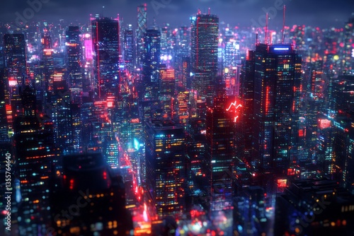 Night cityscape displays a vibrant metropolis filled with illuminated skyscrapers