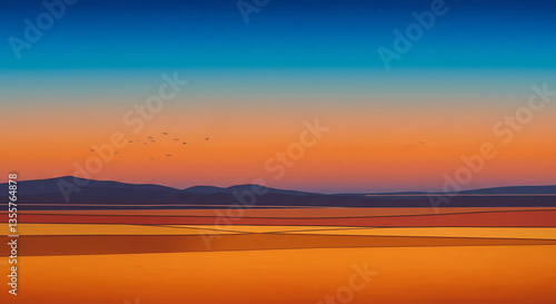 Landscape with orange fields and blue gradient sky view