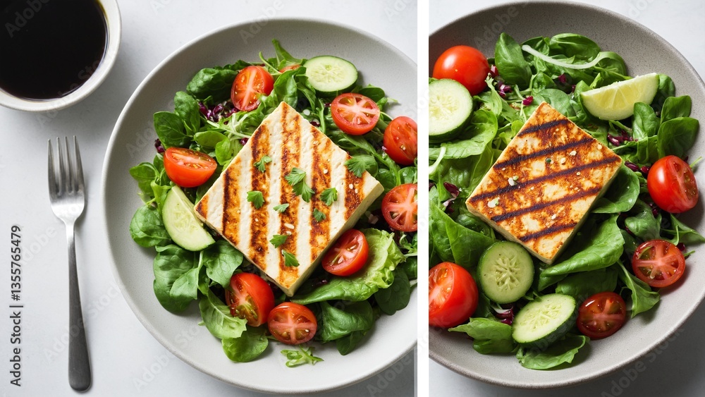 Grilled Halloumi Salad: A Delicious & Healthy Recipe with Fresh Tomatoes, Cucumber, Lime, and Greens for a Quick & Easy Meal! Grilled Halloumi Salad: A Delicious & Healthy Recipe with Fresh Tomatoes, Cucumber, Lime, and Greens for a Quick & Easy Meal!