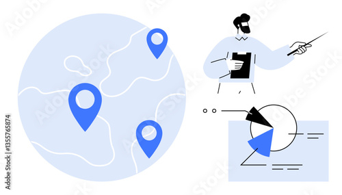Map with location pins, a presenter holding a clipboard and pointer, and a highlighted pie chart infographic. Ideal for data visualization, global strategy, education, analytics, business planning