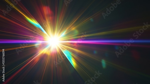 Ethereal rainbow lens flare radiating from central light source, prismatic color dispersion creating natural spectrum, soft ghosting effect with multiple transparent layers, dramatic contrast against