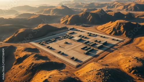 Aerial View of a Desert Military Base with Vehicles and Surrounding Mountains at Sunset