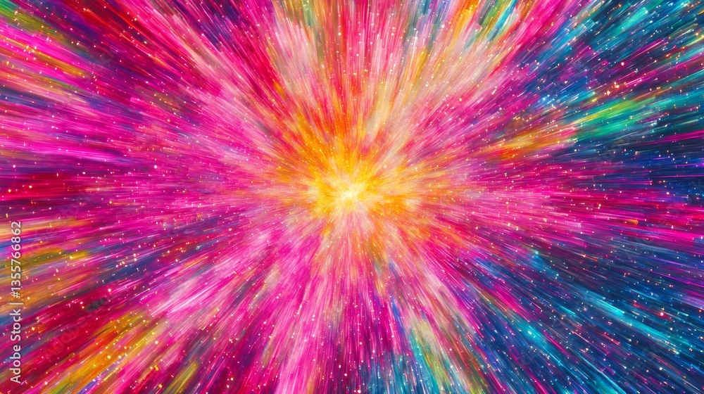 Hyperspace velocity burst emanating from central bright core, vibrant spectrum radiating outward with magenta and cyan streaks, light speed tunnel effect with dynamic motion trails, ultra-detailed