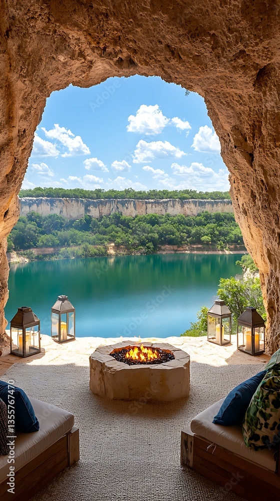 Obraz premium Cave Lake View with Fire Pit Relax.