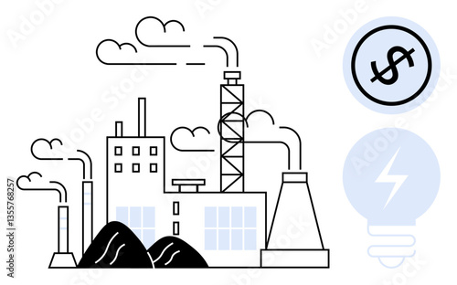 Factory with chimneys, emissions, and coal piles connected to dollar and energy bulb icons. Ideal for industry, energy, economy, pollution, sustainability cost innovation. Flat simple metaphor