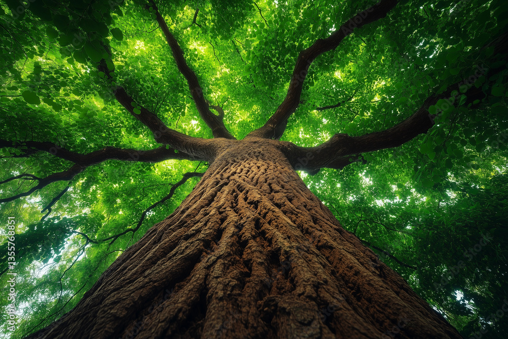Naklejka premium Looking Up at Tall Tree with Lush Green Canopy
