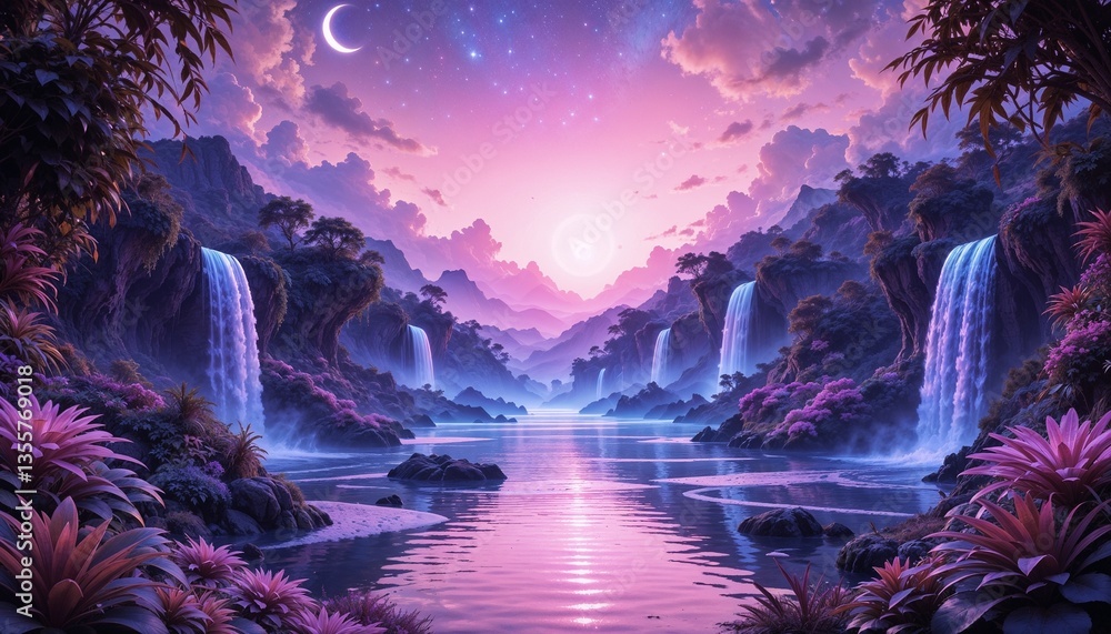 Fototapeta premium Floating waterfalls cascade into a glowing pastel lake, surrounded by lush bioluminescent plants emitting a soft neon glow. The sky blends pink, lavender, and baby blue, adorned with twinkling stars a