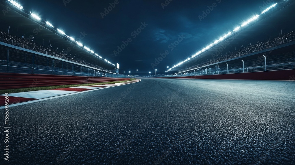 High speed circuit bend from drivers view, detailed asphalt texture with grip patterns, monumental stadium infrastructure overhead, brilliant white flood lighting creating dramatic shadows, High speed circuit bend from drivers view, detailed asphalt texture with grip patterns, monumental stadium infrastructure overhead, brilliant white flood lighting creating dramatic shadows,
