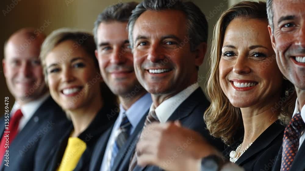 A diverse group of smiling business professionals stand in a line, close-up shot. A diverse group of smiling business professionals stand in a line, close-up shot.