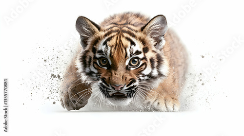 Tiger Cub Leaping Forward on White Background