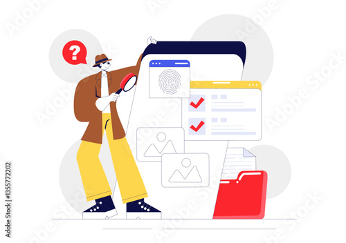 Private Investigator Illustration Featuring Detective Services with Magnifier, Binoculars, Photo Camera and Newspaper Articles for Crime Investigation