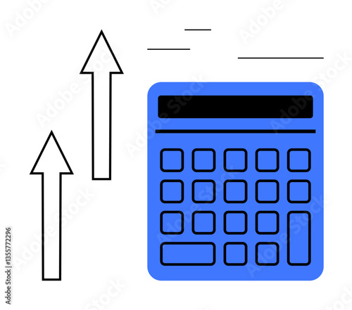 Blue calculator alongside two upward arrows symbolizing growth, improvement, or profit increase. Ideal for finance, accounting, strategy, investment, business progress, analytics flat simple