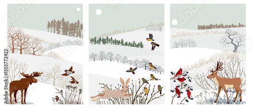 vector drawing set of cards with winter landscapes with birds, animals, snow, sun and trees, hand drawn illustration